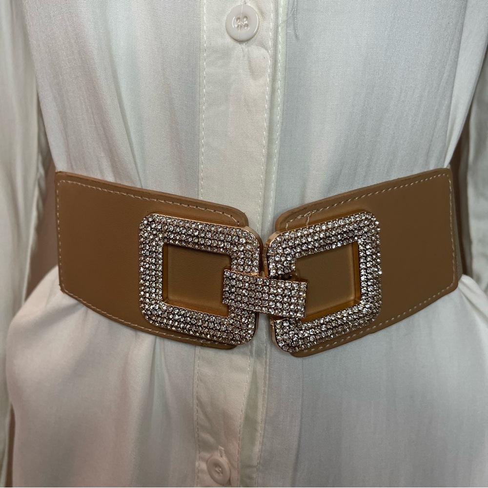 Brown PU leather buckle with rhinestones details elastic waistband belt